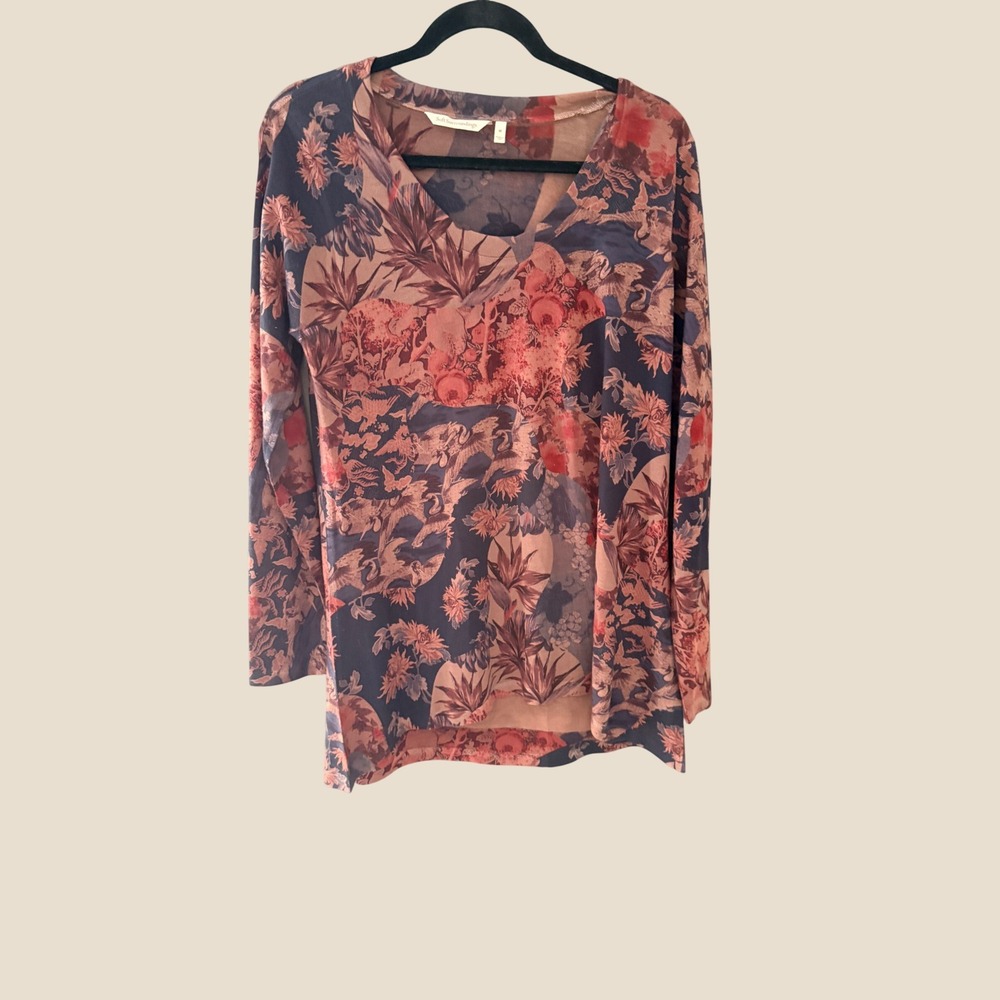 Soft Surroundings Womens M Floral V-Neck Long Sleeve Tunic Top Pink Blue USA